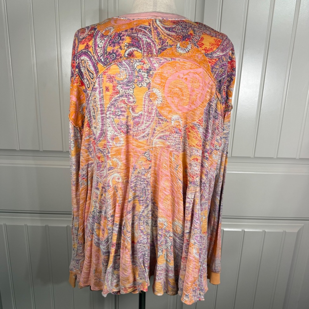 Free People Paisley Babydoll Top Womens Size Small Orange Cotton Boho Peplum Tee - Picture 3 of 9